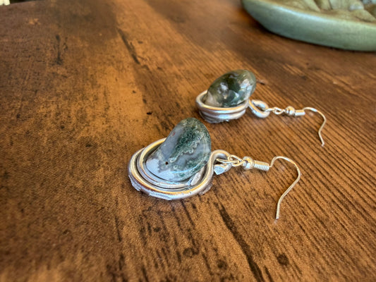 Moss Agate Crystal Wire Wrapped Earrings
