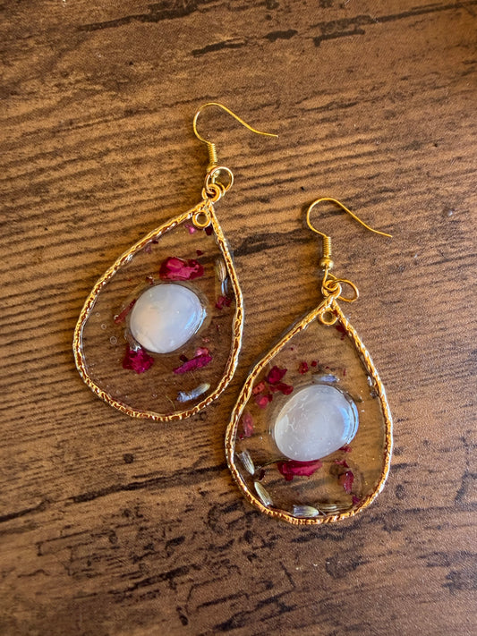 Clear Quartz & Rose Petal Earrings