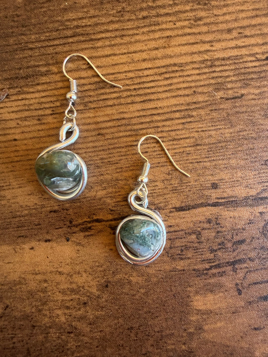Moss Agate Crystal Wire Wrapped Earrings